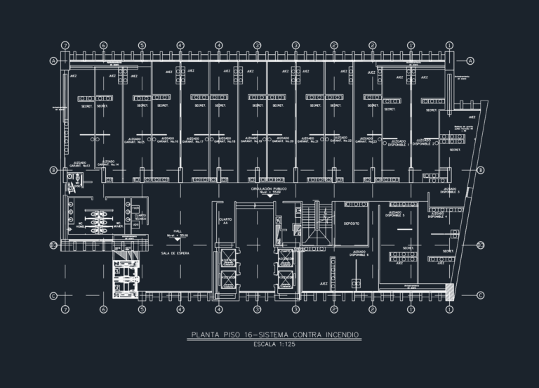 CAD floor plan of a courthouse 16th floor fire protection system showing piping layout, courtrooms, and vertical cores.