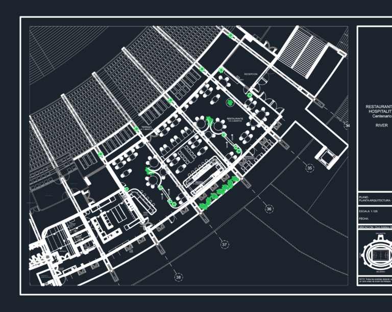 CAD architectural floor plan of a stadium restaurant hospitality area with dining tables, bar, and terrace seating.