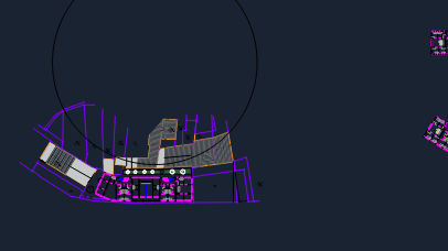 Architectural CAD drawing of a curved apartment building floor plan showing stairs, walls, and structural hatching.