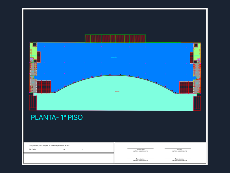 Ground floor and first floor CAD plans for Sector I event venue with stage, lobby, and bathroom layouts.