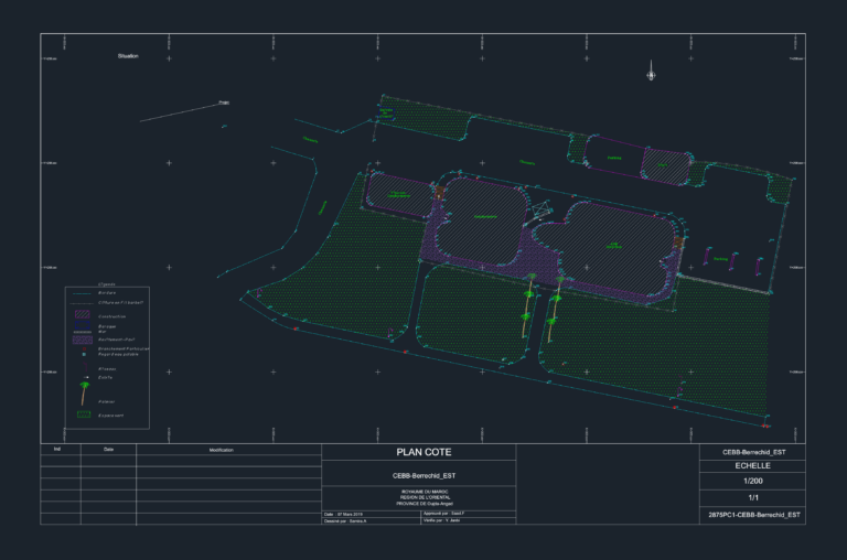 Topographic site layout for a Gendarmerie station showing building footprints, parking, palms, and coordinate grid.