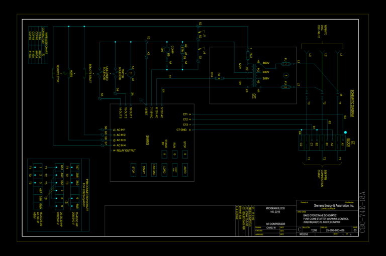 Siemens bake oven crane electrical schematic showing FVNR starter, SAMMS control, wiring charts, and connection diagrams.