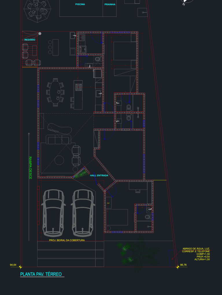 CAD floor plan showing residential furniture layout for living areas, kitchen, bedrooms, and outdoor pool zone.