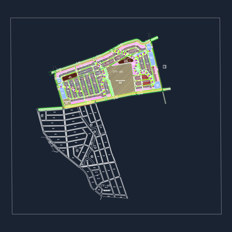 Urban master plan of a commercial development showing street layouts, lot divisions, and a hotel reservation area.