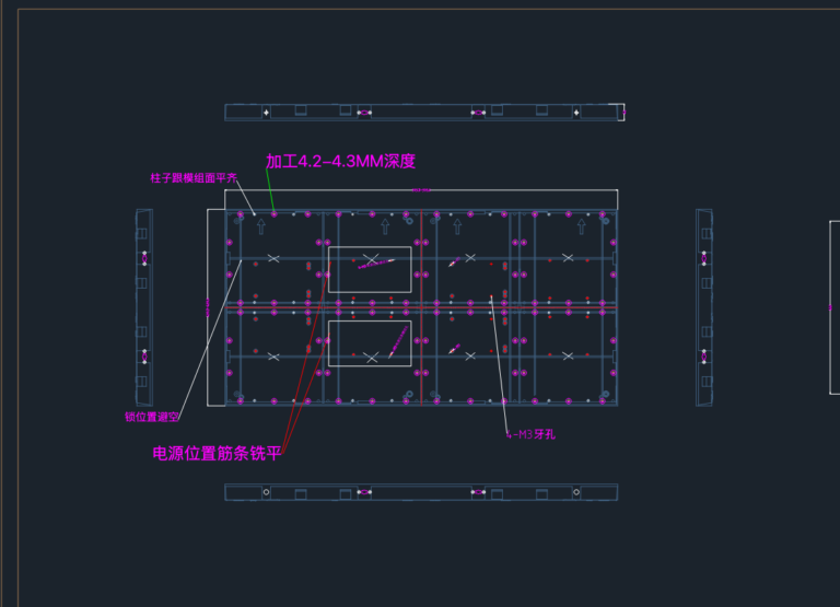 CAD mechanical drawing of 1000Z series LED cabinet showing assembly views and CNC milling technical annotations.