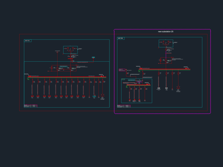 Electrical single line diagrams for substation 25 and main distribution panels showing transformer and bus duct details.