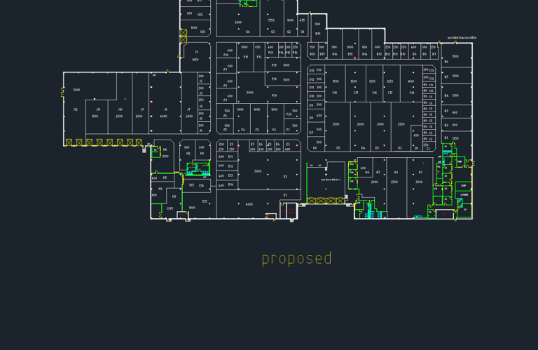 Proposed CAD floor plan for a large commercial office renovation showing room labels and architectural layout.