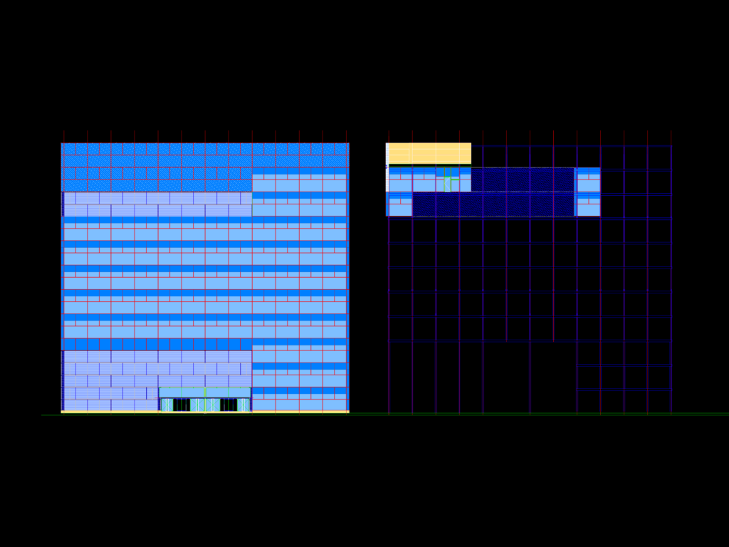 CAD elevation drawing of the modular interior curtain wall facade for Telefónica District C.