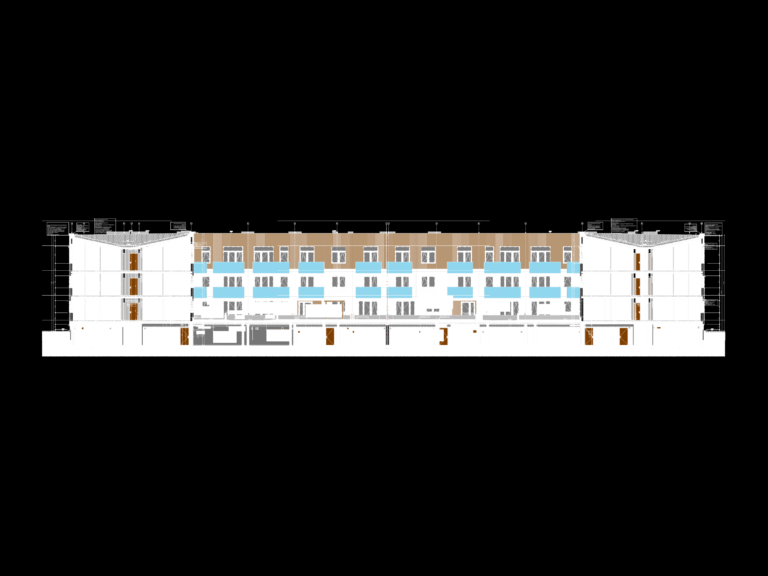 Architectural cross-section of a multi-family apartment building showing floor levels, balconies, and basement parking.