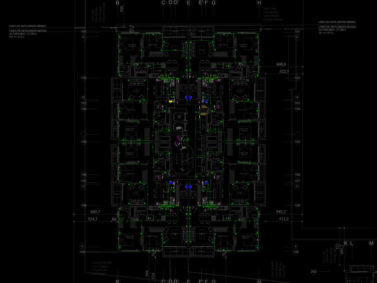 Electrical power plan layout for a typical apartment building floor showing socket placement and utility shafts.