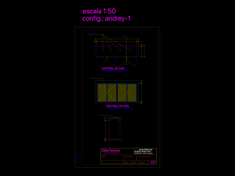 Technical CAD drawing showing plan, elevation, and section views of a 4-cylinder gas storage unit.