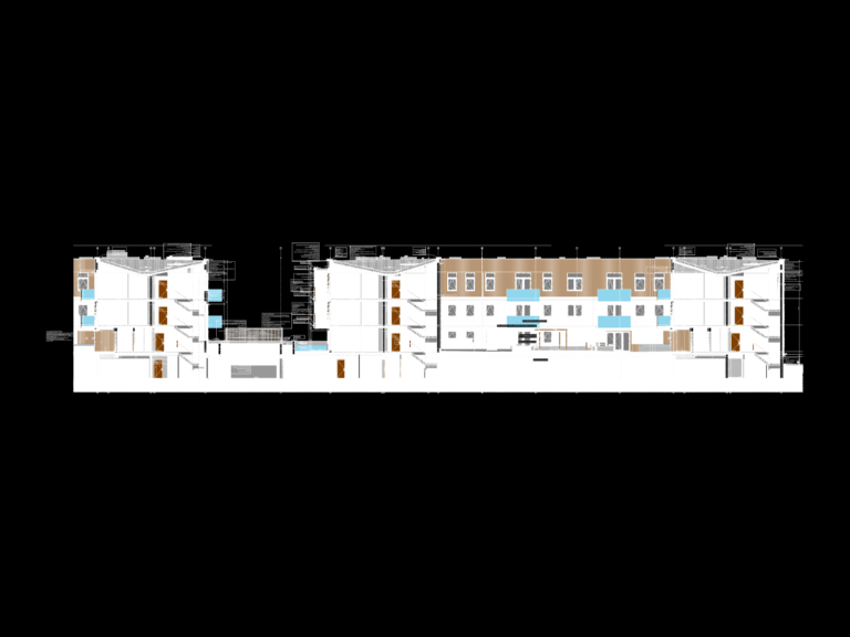 Cross sections of a multi-story residential building with silka masonry walls, RC slabs, and pitched roof details.