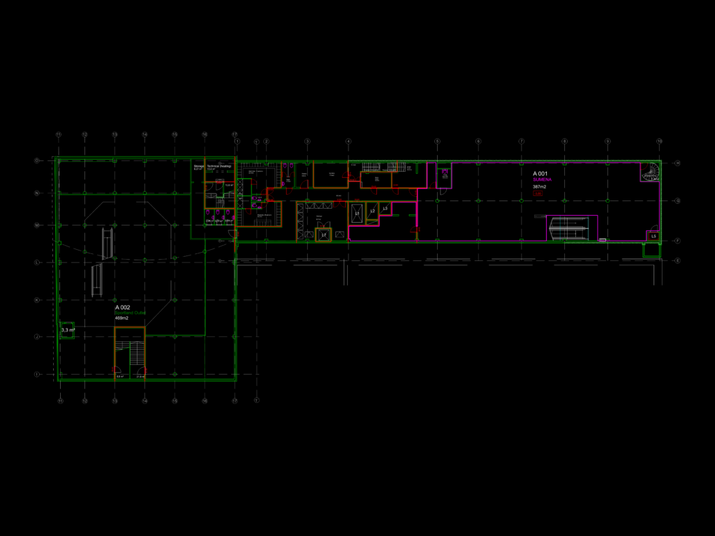 CAD floor plan for Sumena and Sportland Outlet units showing structural grid, vertical circulation, and technical rooms.