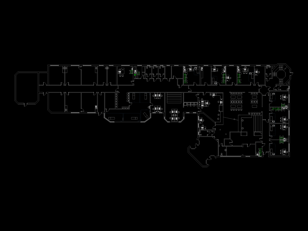 Architectural CAD floor plan of a medical clinic showing room layouts and asbestos survey data locations.