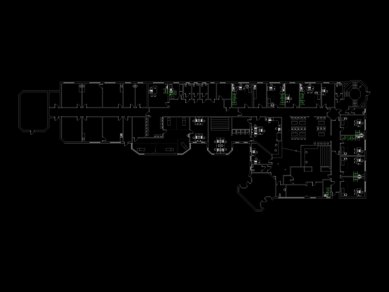 Architectural CAD floor plan of a medical clinic showing room layouts and asbestos survey data locations.
