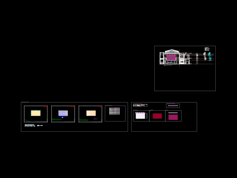 CAD drawings of Unilumin LED video wall elevations, rigging hardware details, and structural ModTruss mounting assembly.