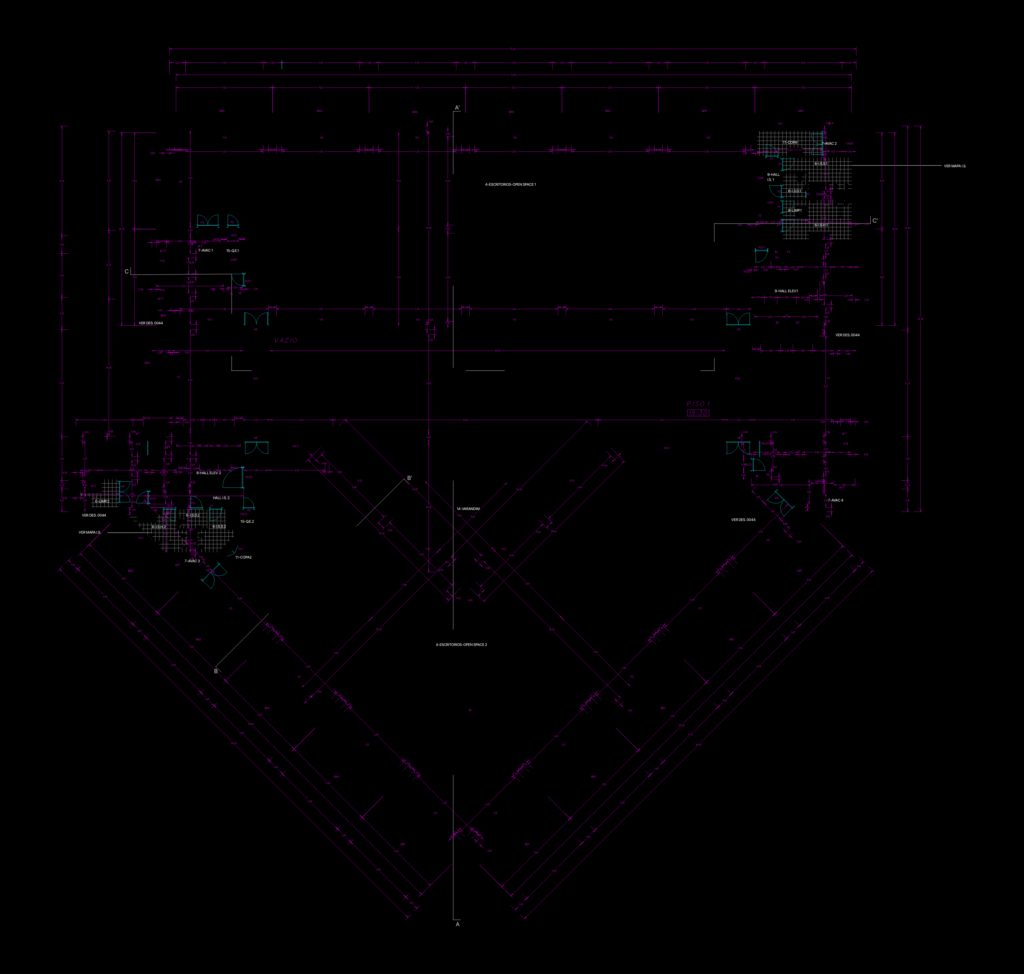 2D CAD floor plan for a commercial office floor with open workspace, elevator lobbies, and service core areas.