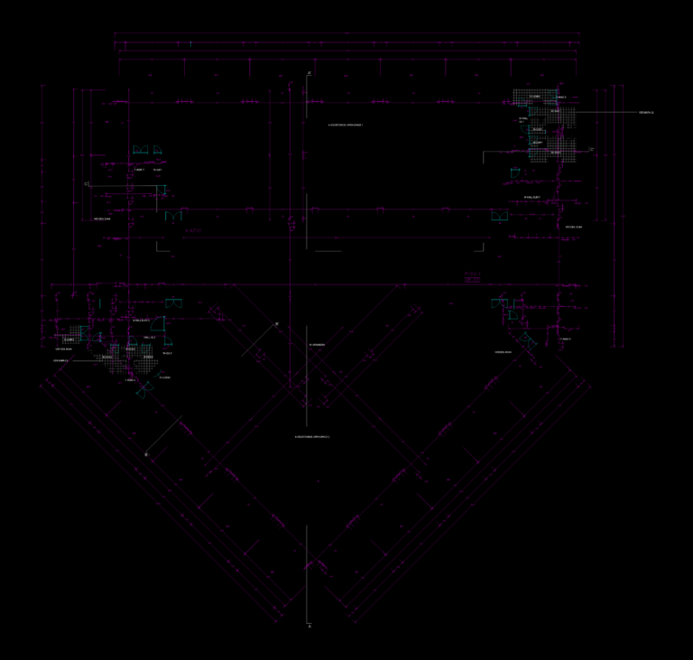 2D CAD floor plan for a commercial office floor with open workspace, elevator lobbies, and service core areas.