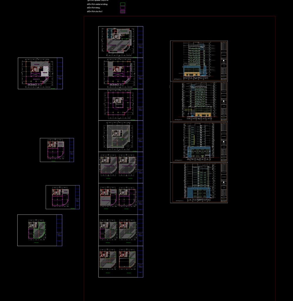 CAD architectural drawings showing floor plans and four elevations for a multi-story office building.