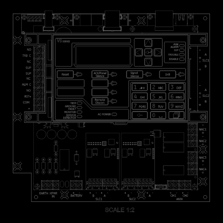 Edwards VS4 fire alarm main board CAD layout with SLC, NAC, and ANN terminal locations and keypad interface.