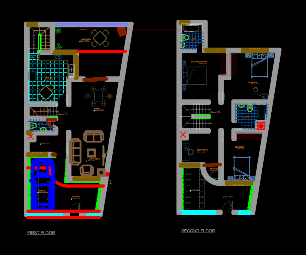 First and second floor architectural plans for a house on a tapered, irregular semi-triangular lot.