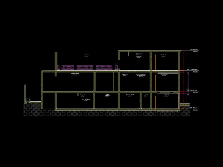Architectural section of a medical facility showing multi-level sanitary drainage, lab spaces, and floor labels.