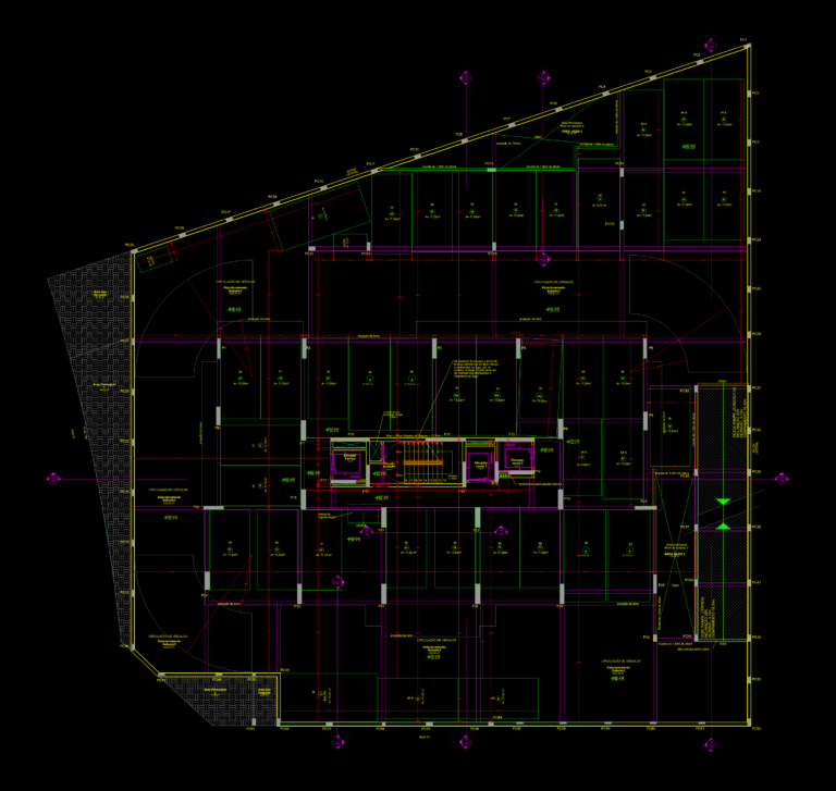 Technical CAD floor plan of a residential basement parking level with stalls, ramps, and central circulation core.