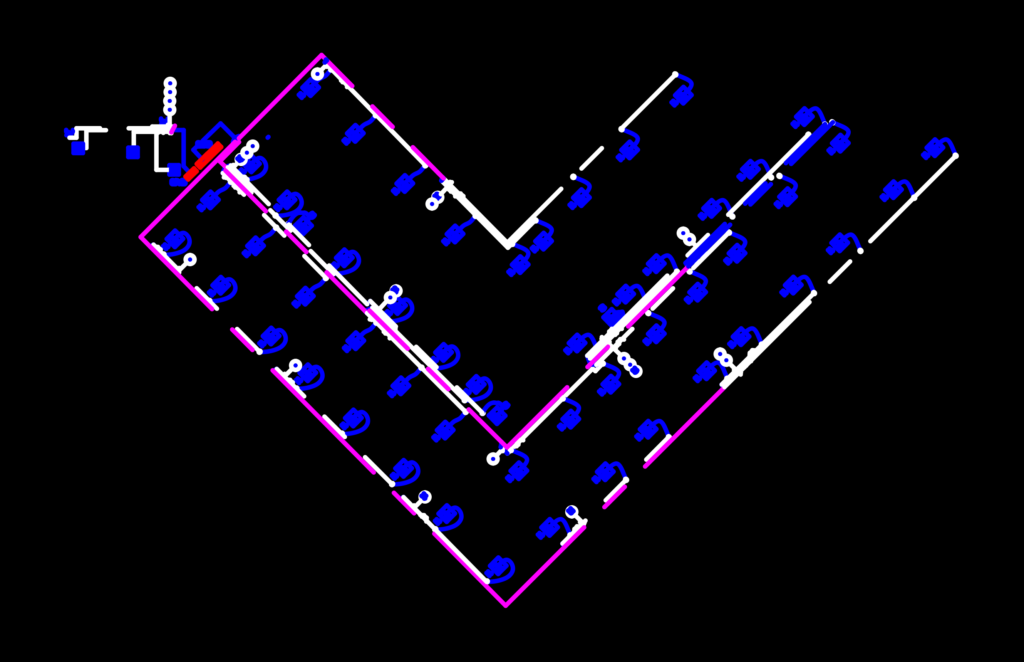 First floor electrical installation plan showing circuit layout and wiring symbols on a V-shaped floor plan.
