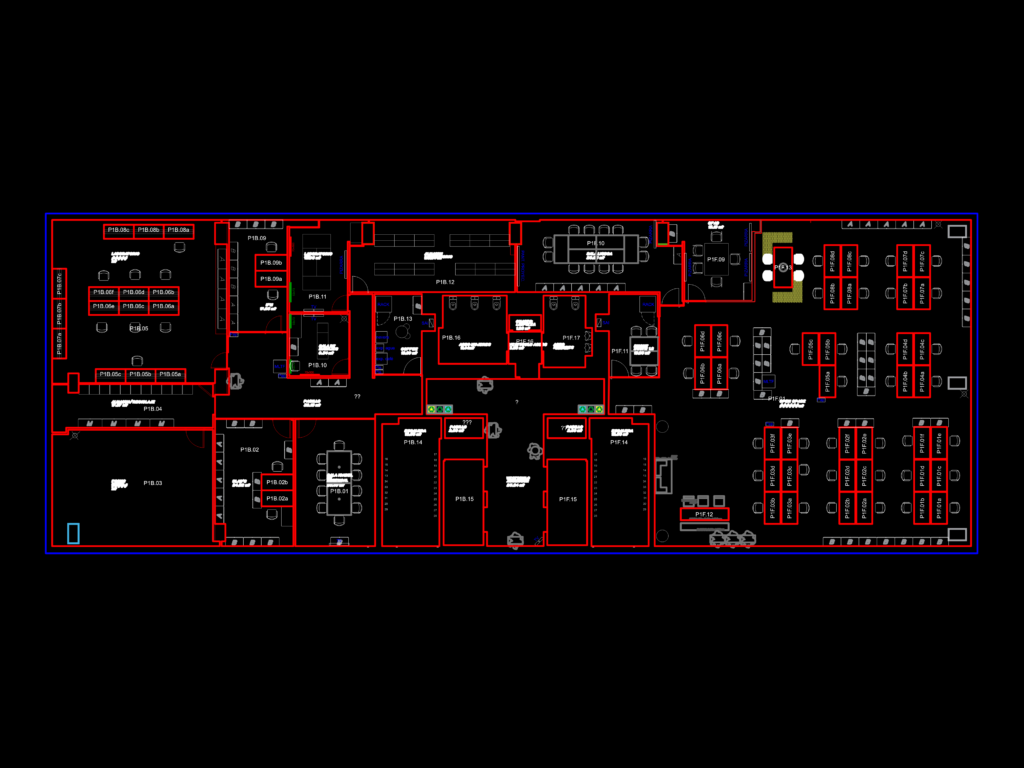 Architectural floor plan of the Schneider Electric Barcelona office showing open workspace, labs, and meeting rooms.