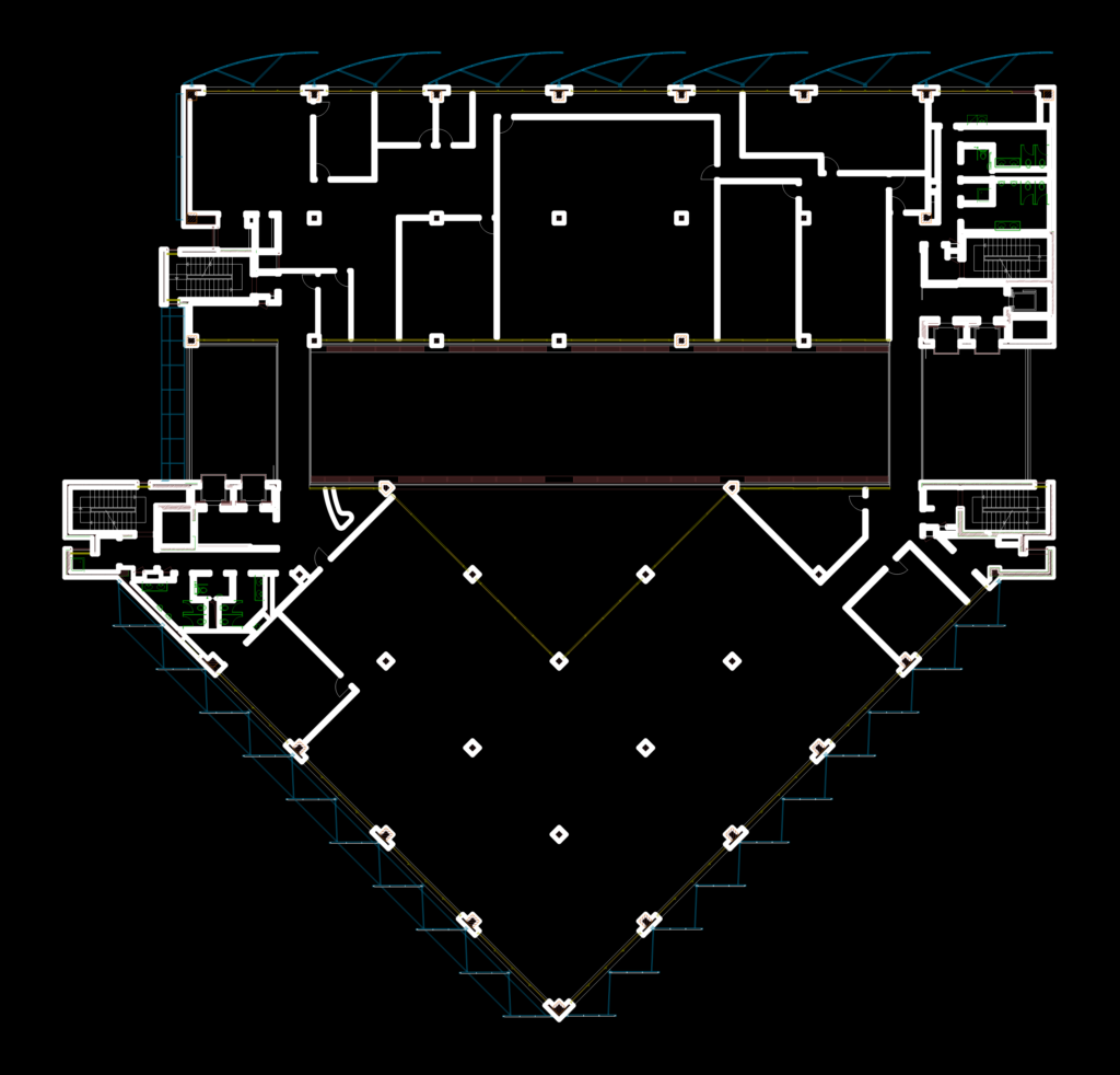 Architectural CAD floor plan of a commercial office building with structural columns and central circulation core.