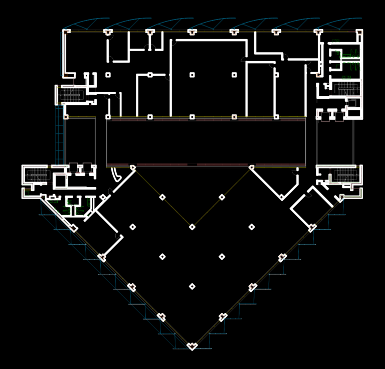 Architectural CAD floor plan of a commercial office building with structural columns and central circulation core.