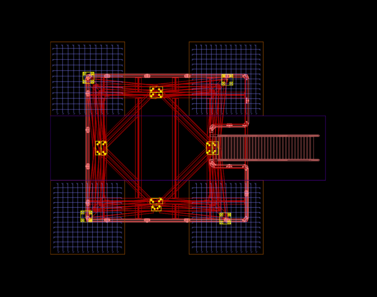 Top view of structural steel tower 3D model showing framing, staircase, and foundation footing rebar mesh.