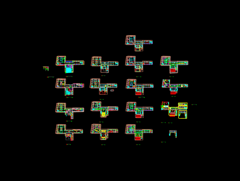 Architectural CAD drawings of university building floor plans showing parking areas and ground level layouts.