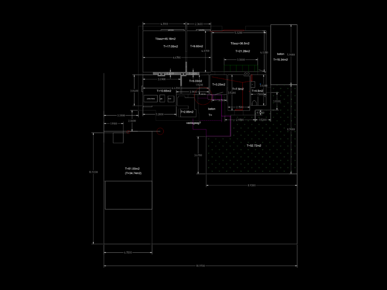 CAD drawing of a ground floor house plan with room dimensions, area calculations in square meters, and garden layout.
