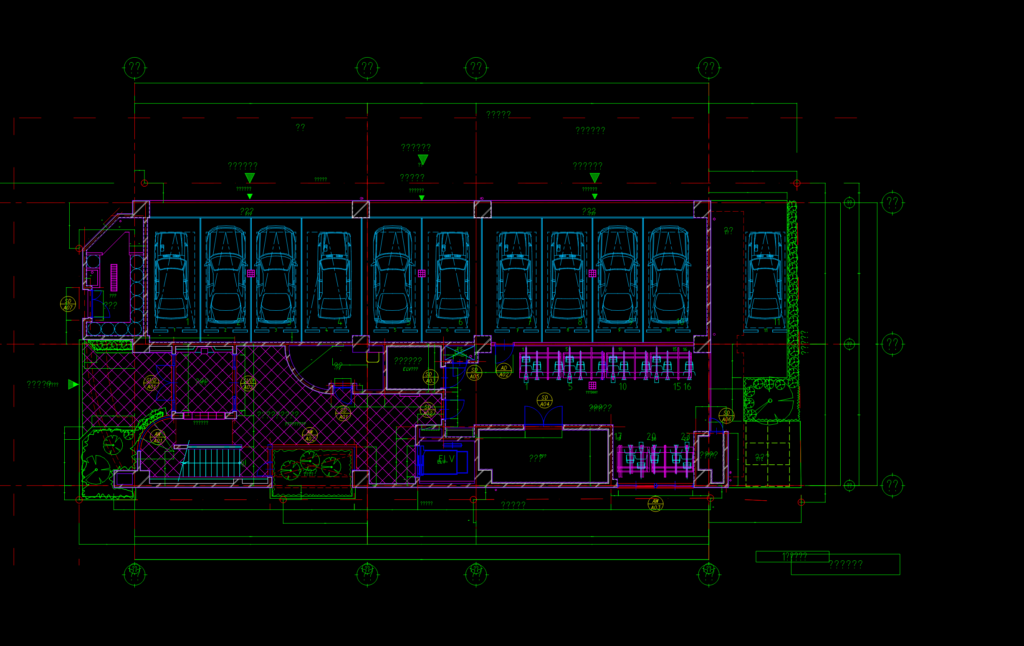CAD floor plan of an apartment building layout with multiple residential units, elevator, and stairwell details.