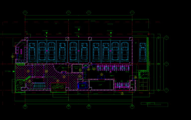 CAD floor plan of an apartment building layout with multiple residential units, elevator, and stairwell details.