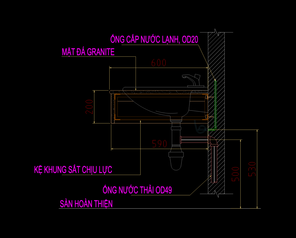 CAD section of an apartment lavatory showing countertop, steel frame, and plumbing supply and waste lines.