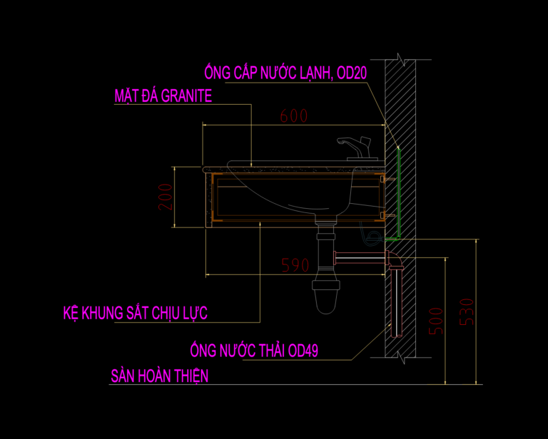 CAD section of an apartment lavatory showing countertop, steel frame, and plumbing supply and waste lines.
