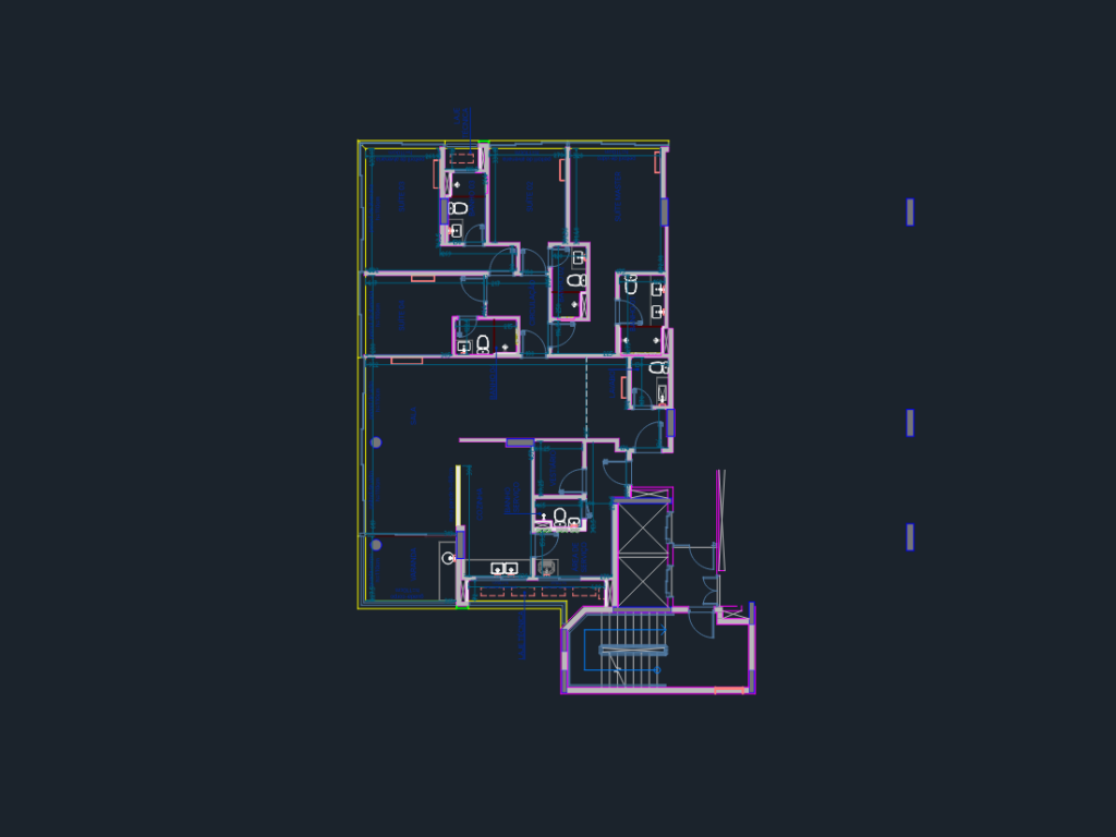 2D CAD floor plan of a luxury residential apartment featuring 4 suites, integrated balcony, and service area.