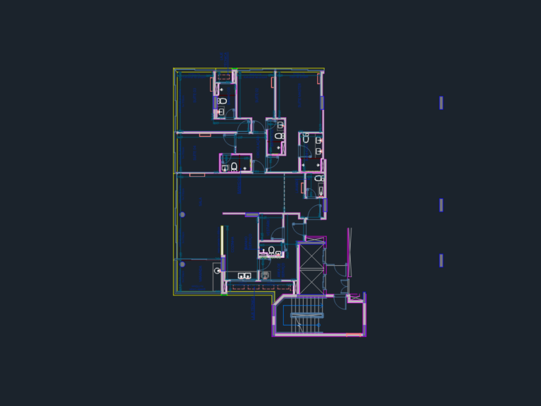 2D CAD floor plan of a luxury residential apartment featuring 4 suites, integrated balcony, and service area.