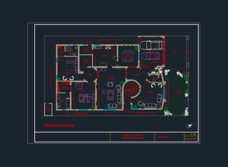 Ground floor CAD drawing for a 50x90 residential plot showing furniture layout, central spiral stair, and car porch.