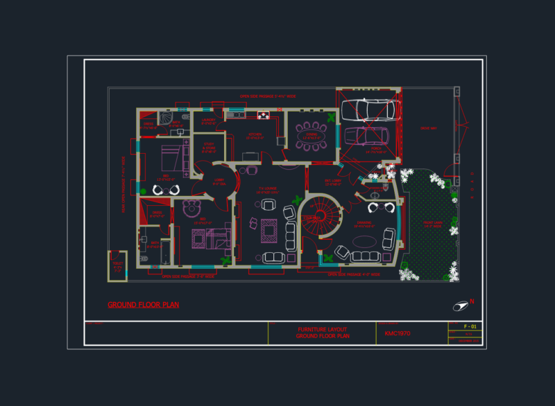 50′ x 90′ Residential Furniture Layout with Spiral Staircase