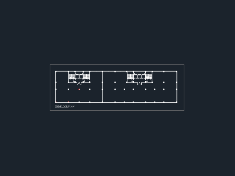 2D floor plan of a 20,000 sq ft commercial office showing structural grid, central lift cores, and staircases.