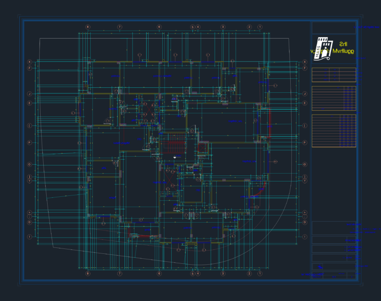 First floor architectural villa plan with dimensions, grid axis lines, and opening schedules in a CAD layout.