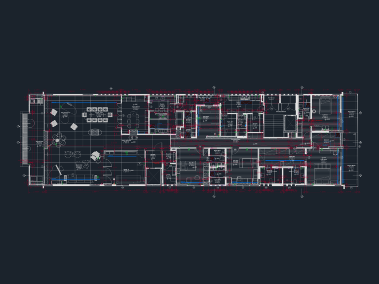 Detailed linear floor plan of a luxury apartment showing furniture blocks, suites, and service areas with dimensions.