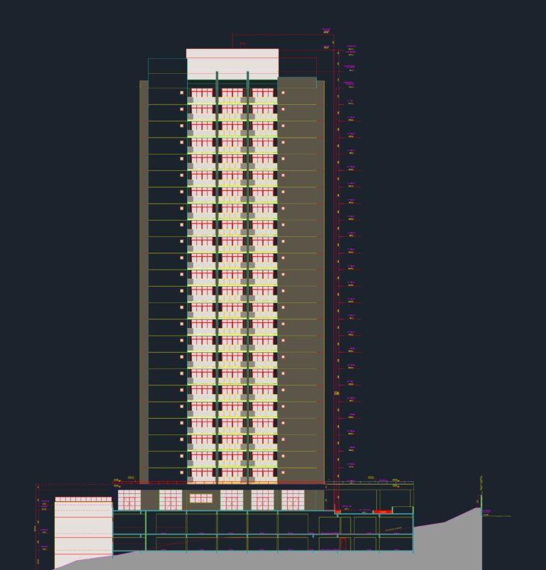 Front elevation drawing of a 24-story residential tower showing balconies, basement levels, and rooftop structures.