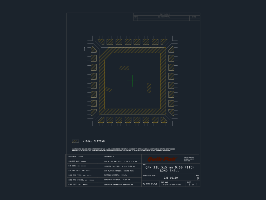 Technical drawing of a QFN 32L 5x5mm bond shell showing die attach pad and 0.50mm pitch leadframe.