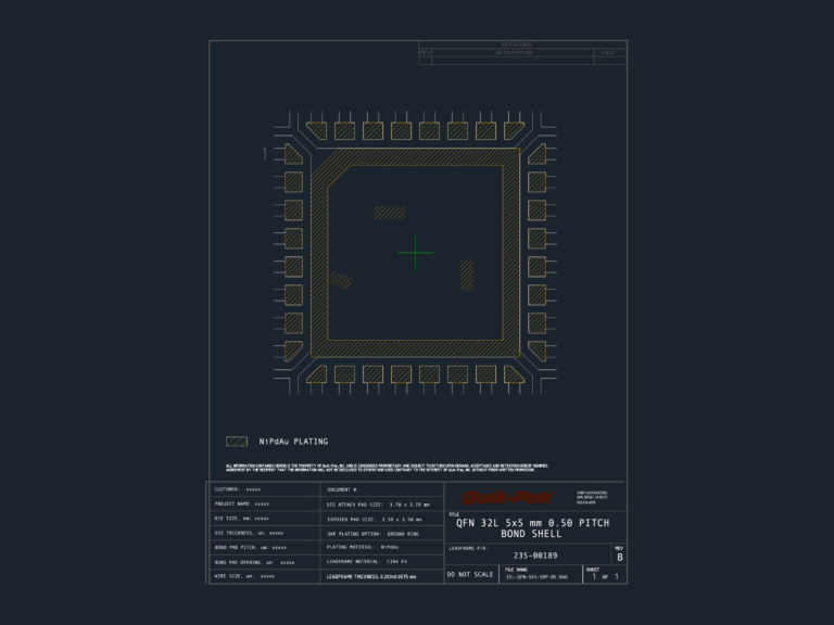 Technical drawing of a QFN 32L 5x5mm bond shell showing die attach pad and 0.50mm pitch leadframe.