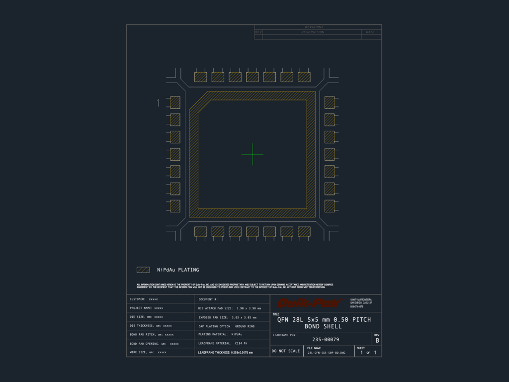 Technical CAD layout of a 28L QFN 5x5mm bond shell with DAP, ground ring, and leadframe pads at 0.50mm pitch.