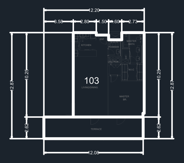 Dimensioned CAD floor plan of a 1-bedroom apartment unit with a master suite and a large outdoor terrace.